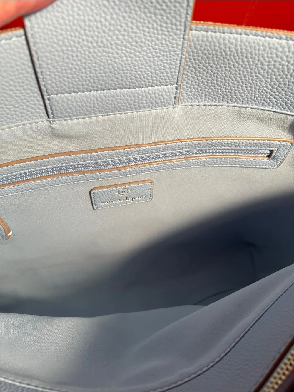 Nanette Lepore Beige Canvas Tote with Light Blue Leather Trim and Charm  RT,148